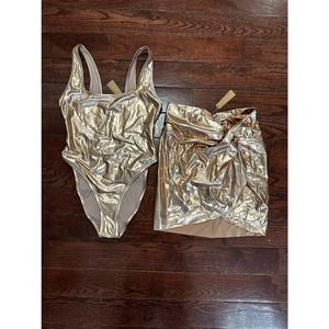 NWT SKIMS Swim Metallic Collection One Piece and Sarong Champagne